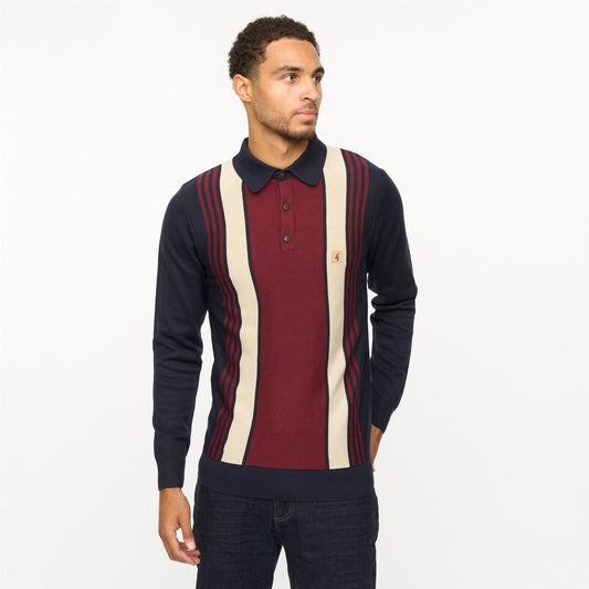V55GM00 Mens Searle Long Sleeve Knitted Three Button Polo Gabicci Vintage - NAVY