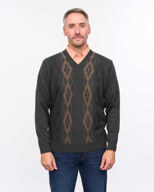 G57M02 Mens Pattern Front Knit V Neck Sweater Gabicci Heritage - CHARCOAL