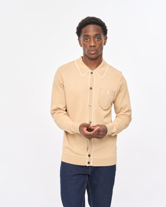 V57GM24 Mens Di-Lello Long Sleeve Button Thru Knit Polo Gabicci Vintage - CARAMEL
