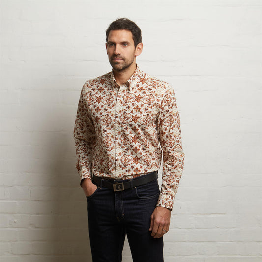 G55W06 Long Sleeve Printed Woven Shirt Gabicci Classic NUTMEG