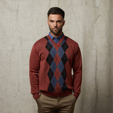 G51M06 Mens Long Sleeve Knitted Vee Neck Sweater Gabicci Classic - RUST