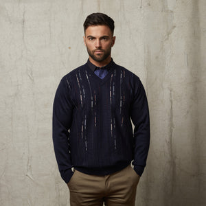 G51M09 Mens Long Sleeve Knitted Vee Neck Sweater Gabicci Classic - NAVY