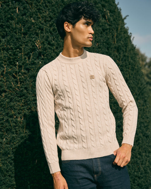 V57GM21 Mens Temor Long Sleeve Cable Knit Gabicci Vintage - PARCHMENT