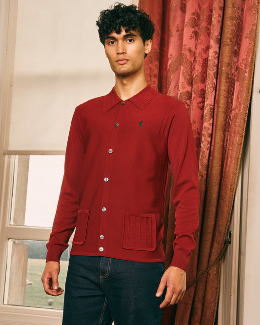 V57GM27 Mens Eddie Long Sleeve Button Thru Knit Polo Gabicci Vintage - CLARET