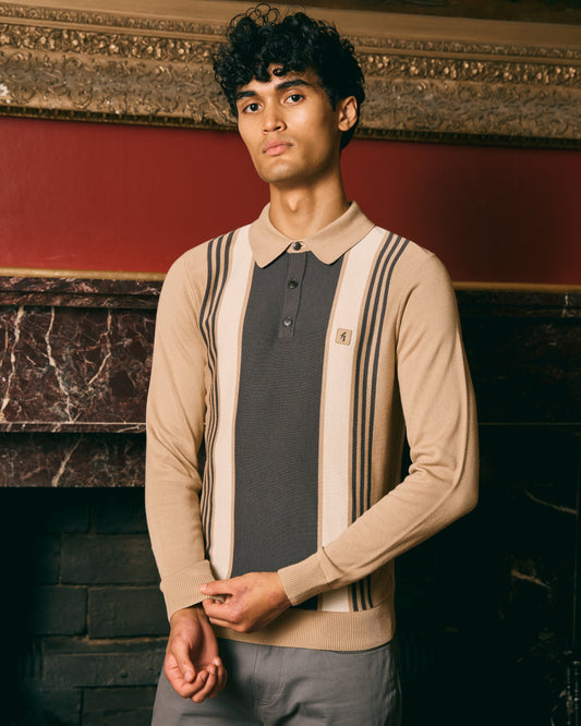 V57GM00 Mens Searle Long Sleeve Knit Polo Gabicci Vintage - CARAMEL