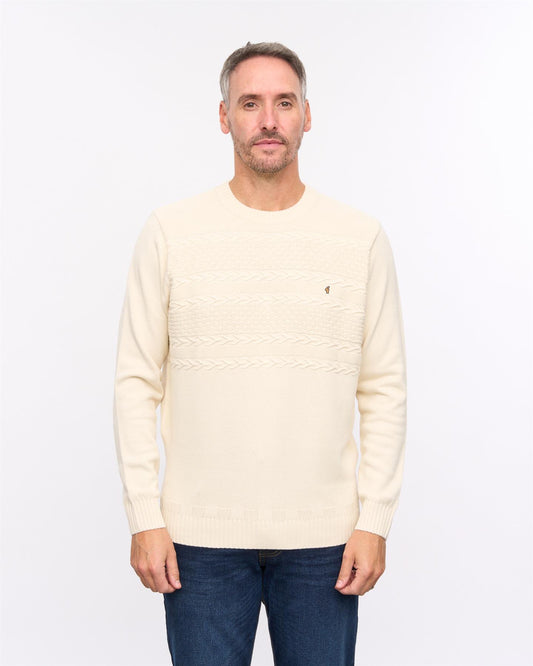 G57M12 Mens Textured Yoke Front Knit Deep Crew Neck Sweater Gabicci Heritage - CREAM