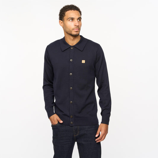 V55GK16 Mens Azima Long Sleeve Plain Knitted Button-Thru Polo Gabicci Vintage - NAVY