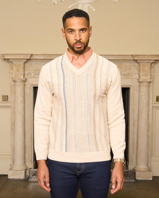 G57M04 Mens Pattern Front Knit V Neck Sweater Gabicci Heritage - PARCHMENT