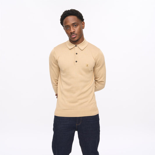 V56GK08 Mens Francesco Long Sleeve Plain Knit Polo Gabicci Vintage - SANDSTONE