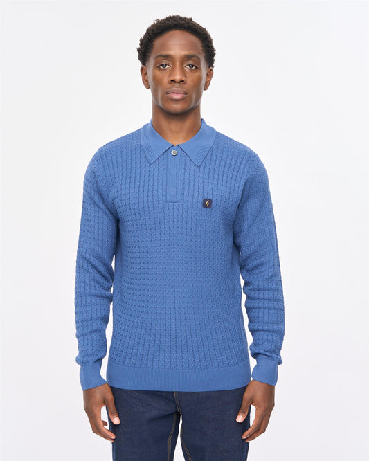 V57GM01 Mens Milton Long Sleeve Cable Knit Polo Gabicci Vintage - AIRFORCE