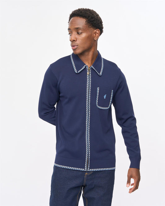 V57GM25 Mens Nick Long Sleeve Zip Thru Knit Polo Gabicci Vintage - NAVY