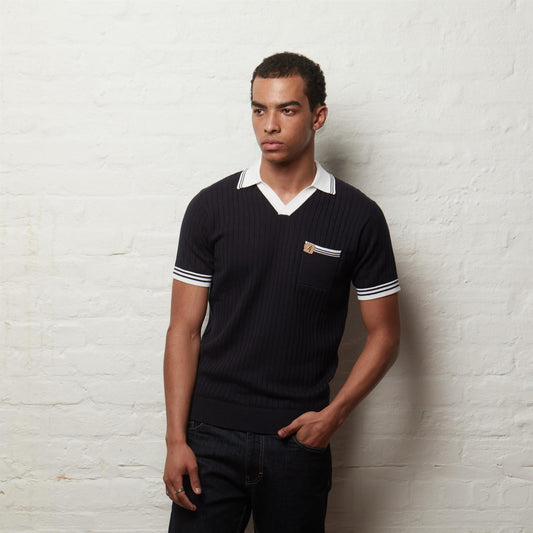 V56GM12 Mens Portobello Short Sleeve Open Neck Knit Polo Gabicci Vintage - NAVY