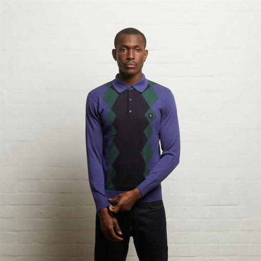 V55GM02 Mens Bond Long Sleeve Knitted Three Button Polo Gabicci Vintage - ATLANTIC
