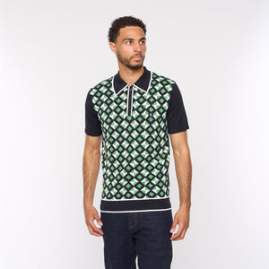 V54GM07 Mens Ted Short Sleeve Pattern Knitted Polo Gabicci Vintage - NAVY