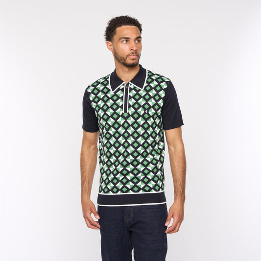 V54GM07 Mens Ted Short Sleeve Pattern Knitted Polo Gabicci Vintage - NAVY