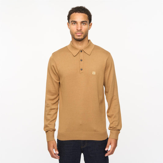 V55GK08 Mens Francesco Long Sleeve Plain Knitted Three Button Polo Gabicci Vintage - NUTMEG