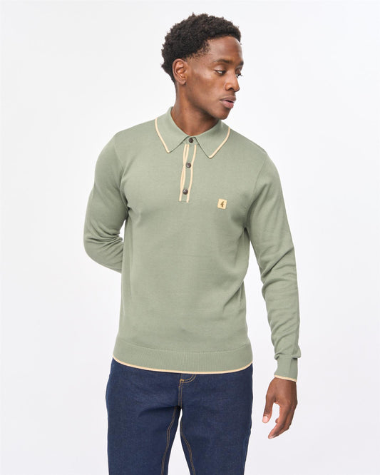 V57GM09 Mens Linekar Long Sleeve Knit Polo Gabicci Vintage - KHAKI