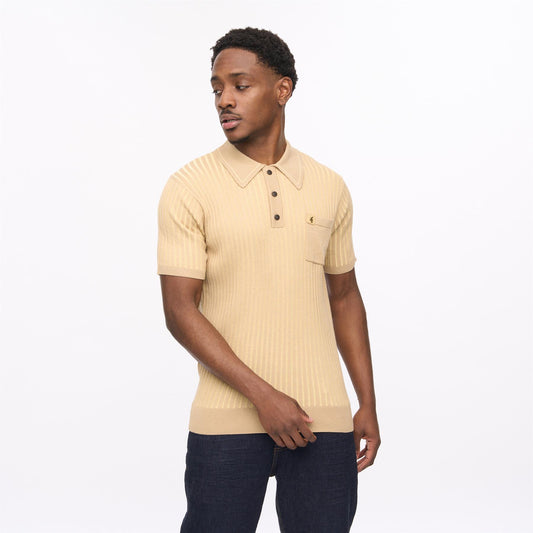 V56GM10 Mens Dimitri Short Sleeve Rib Knit Polo Gabicci Vintage - SANDSTONE