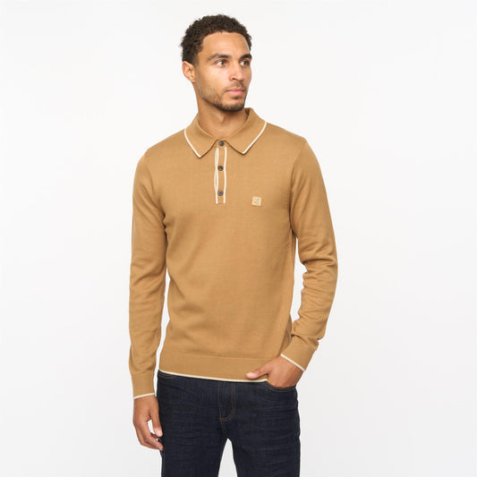 V55GM09 Mens Lineker Long Sleeve Knitted Three Button Polo Gabicci Vintage - NUTMEG