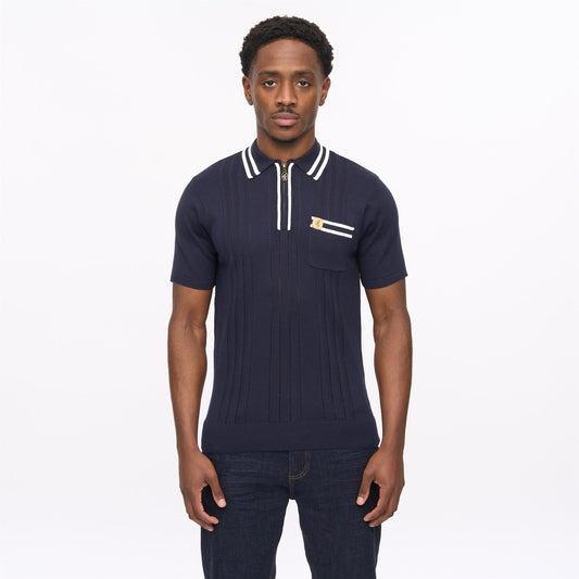 V56GM06 Mens Johnson Short Sleeve Zip Neck Knit Polo Gabicci Vintage - NAVY
