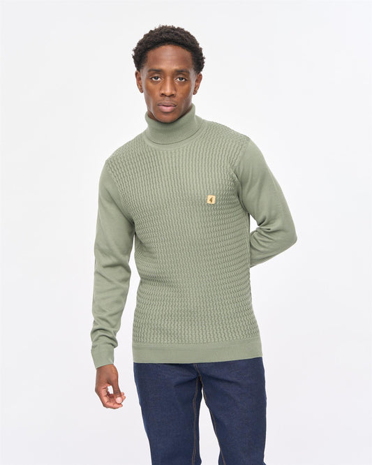 V57GM14 Mens Leonardo Long Sleeve Cable Knit Polo Gabicci Vintage - KHAKI