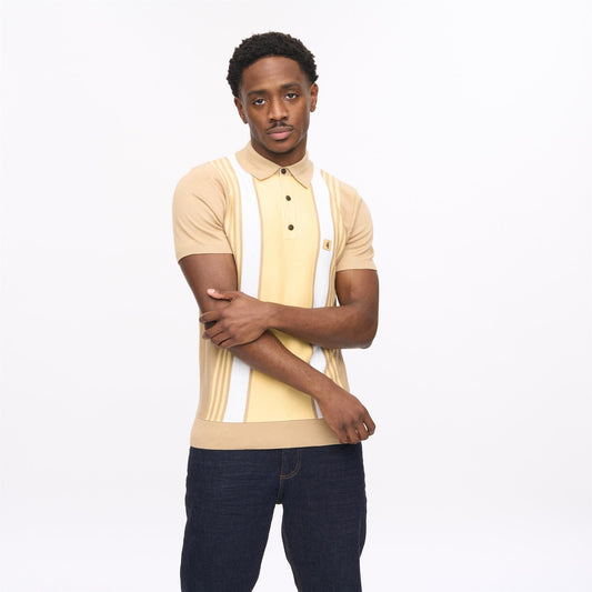 V56GM00 Mens Searle Short Sleeve Stipe Knit Polo Gabicci Vintage - SANDSTONE