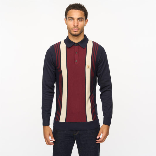 V55GM00 Mens Searle Long Sleeve Knitted Three Button Polo Gabicci Vintage - NAVY
