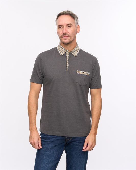 G57X09 Mens Short Sleeve Oxford Jersey Woven Trim Polo Gabicci Heritage - CHARCOAL