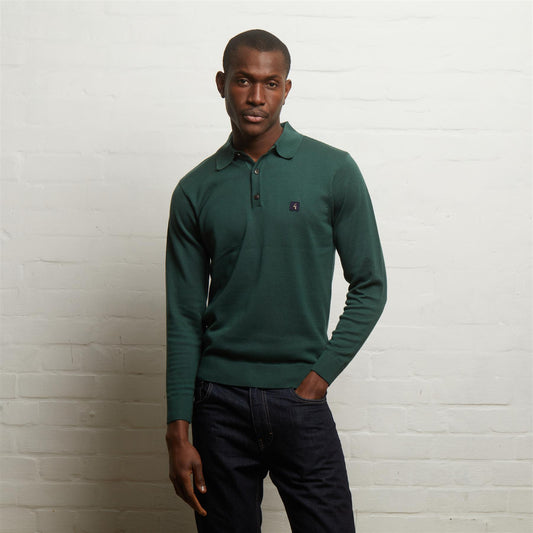 V55GK08 Mens Francesco Long Sleeve Plain Knitted Three Button Polo Gabicci Vintage - IVY