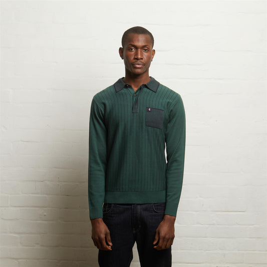 V55GM11 Mens Hamley Long Sleeve Knitted Three Button Polo Gabicci Vintage - IVY