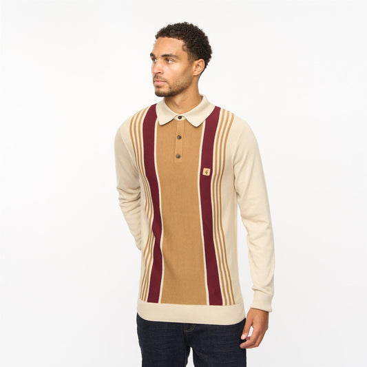 V55GM00 Mens Searle Long Sleeve Knitted Three Button Polo Gabicci Vintage - LINEN