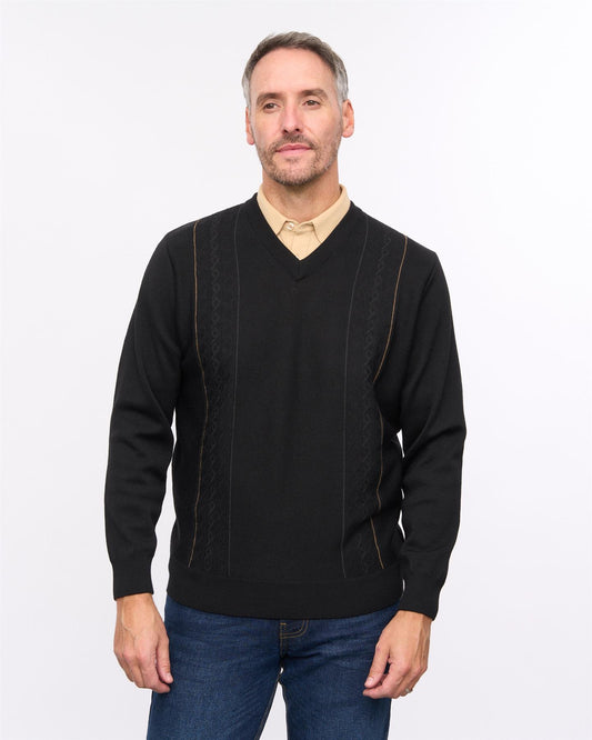 G57M03 Mens Pattern Front Knit V Neck Sweater Gabicci Heritage - BLACK