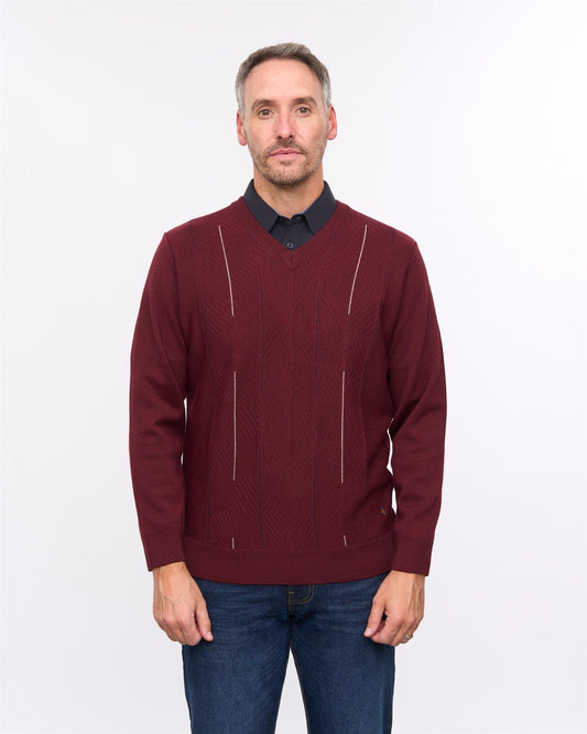 G57M01 Mens Pattern Front Knit V Neck Sweater Gabicci Heritage - CLARET