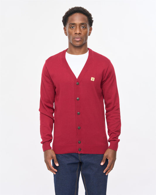 V57GK22 Mens Macklin Long Sleeve Button Thru Cardigan Gabicci Vintage - CLARET