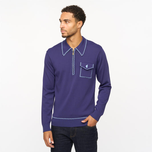 V55GM23 Mens Kiki Long Sleeve Archive Knitted Zip Neck Polo Gabicci Vintage - ATLANTIC