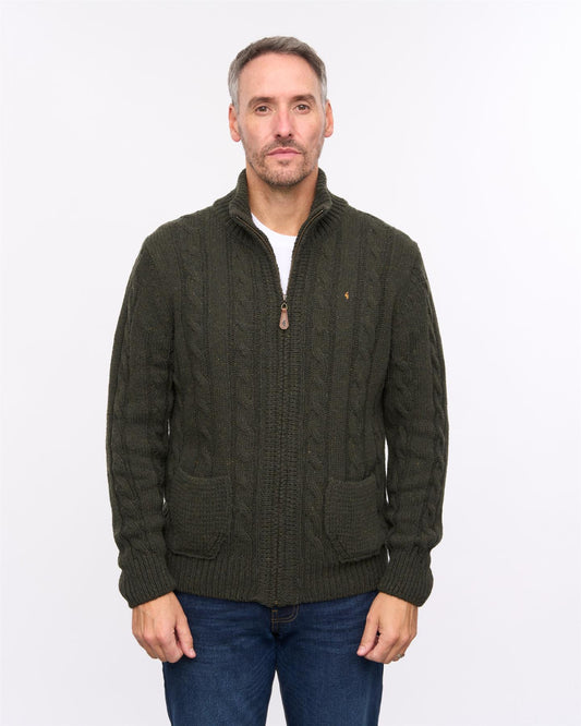 G57M22 Mens Chunky Cable Knit Zip Thru Cardigan Gabicci Heritage - FOREST