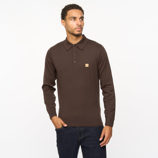 V55GK08 Mens Francesco Long Sleeve Plain Knitted Three Button Polo Gabicci Vintage - CLOVE