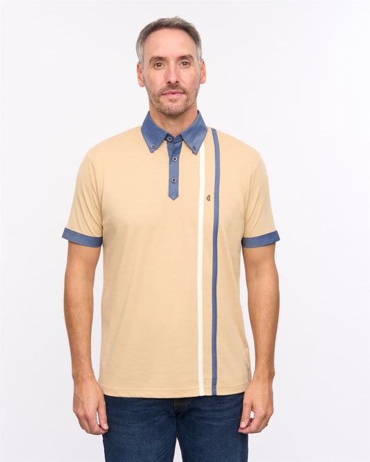 G57X05 Mens Short Sleeve Chambray Trim Jersey Polo Gabicci Heritage - CARAMEL