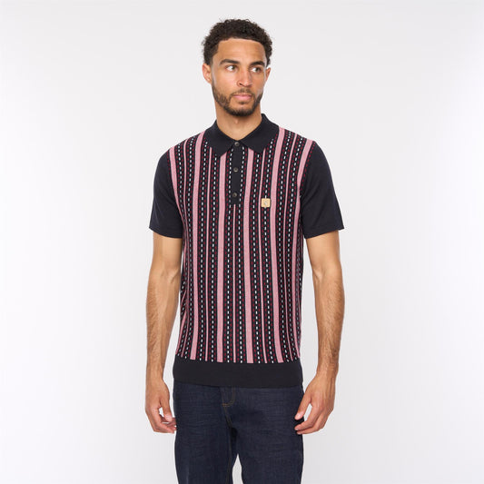 V54GM05 Mens Johnny Short Sleeve Pattern Knitted Polo Gabicci Vintage - NAVY
