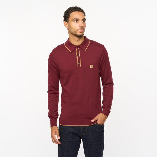 V55GM09 Mens Lineker Long Sleeve Knitted Three Button Polo Gabicci Vintage - MULBERRY