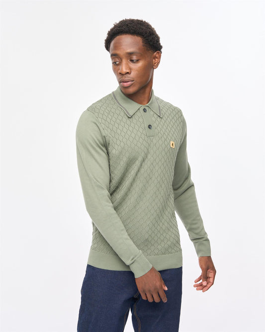 V57GM05 Mens Cambridge Long Sleeve Knit Polo Gabicci Vintage - KHAKI