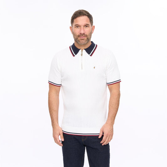 G56M08 Mens Short Sleeve Zip Neck Knit Polo Gabicci Classic - WHITE