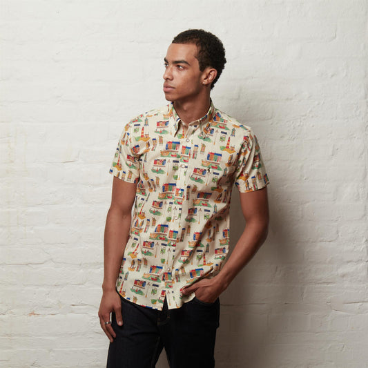 V56GW12 Mens Weymouth Short Sleeve Button Under Print Shirt Gabicci Vintage - CREAM