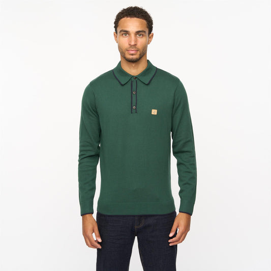 V55GM09 Mens Lineker Long Sleeve Knitted Three Button Polo Gabicci Vintage - IVY
