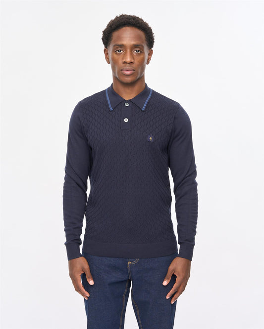V57GM05 Mens Cambridge Long Sleeve Knit Polo Gabicci Vintage - NAVY