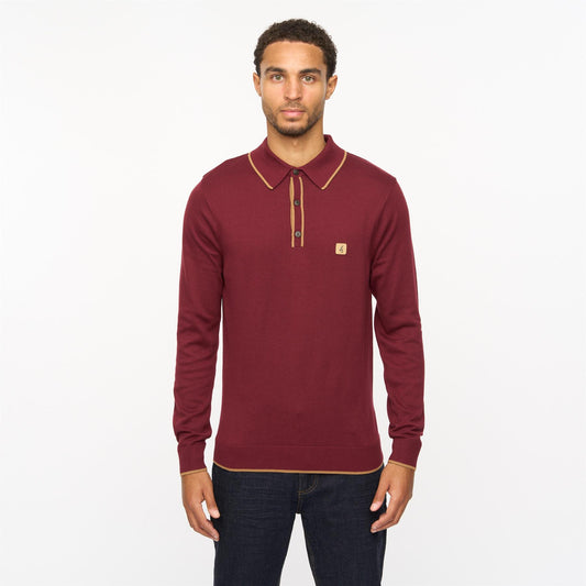 V55GM09 Mens Lineker Long Sleeve Knitted Three Button Polo Gabicci Vintage - MULBERRY