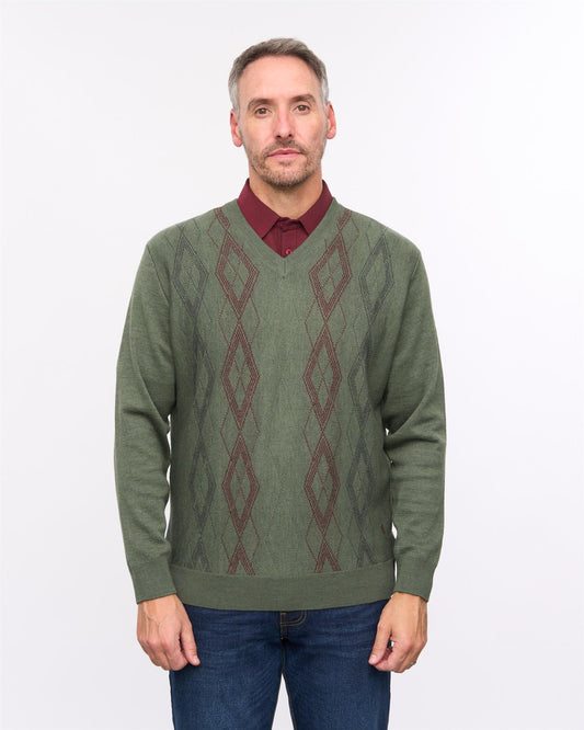G57M02 Mens Pattern Front Knit V Neck Sweater Gabicci Heritage - KHAKI