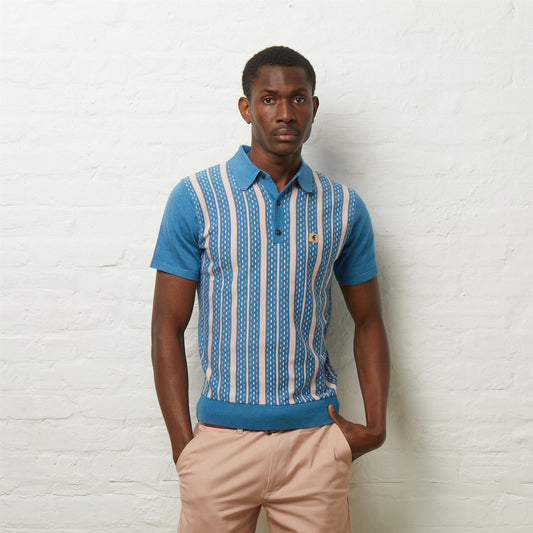 V54GM05 Mens Johnny Short Sleeve Pattern Knitted Polo Gabicci Vintage - AQUA