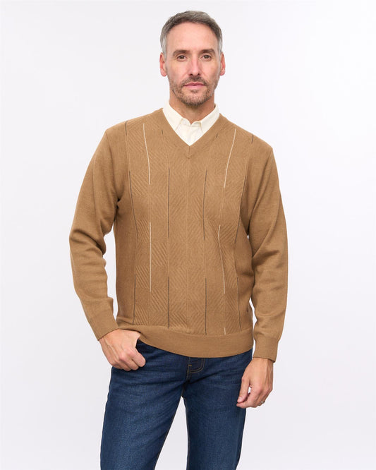 G57M01 Mens Pattern Front Knit V Neck Sweater Gabicci Heritage - CARAMEL