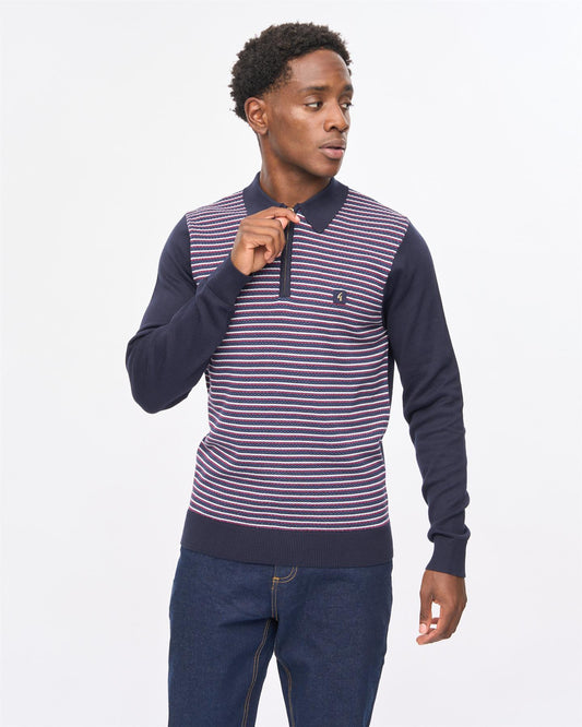 V57GM11 Mens Edmund Long Sleeve Knit Polo Gabicci Vintage - NAVY